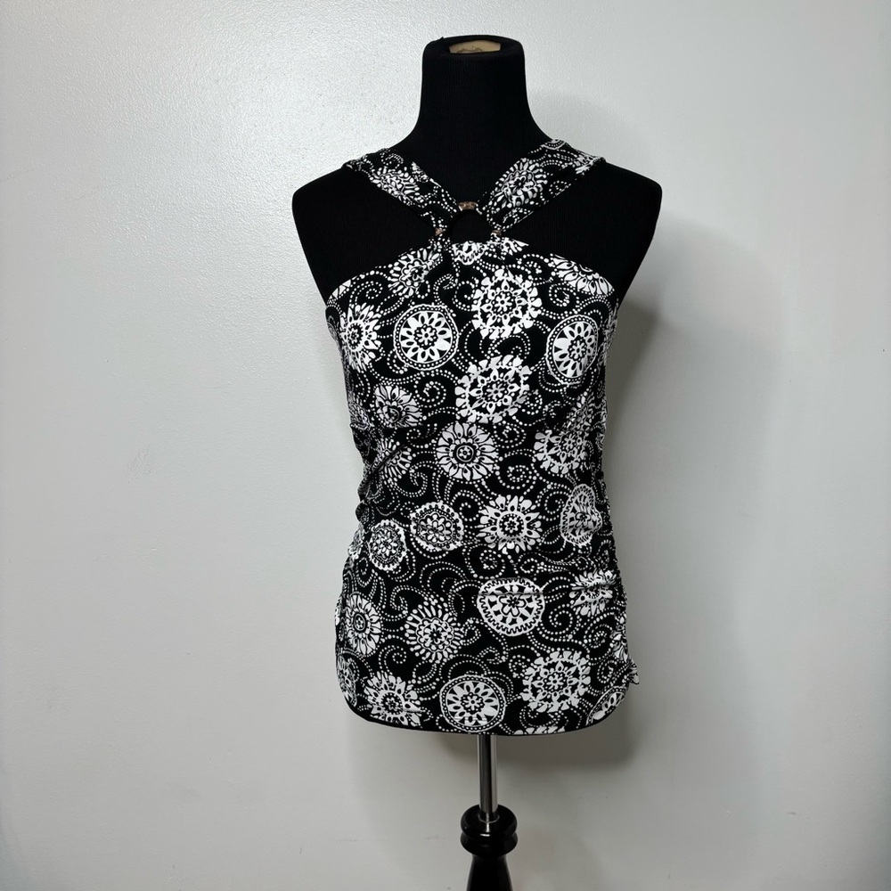 Studio 1940 Black White Halter Ring Top Women’s M — Y2K Retro Print